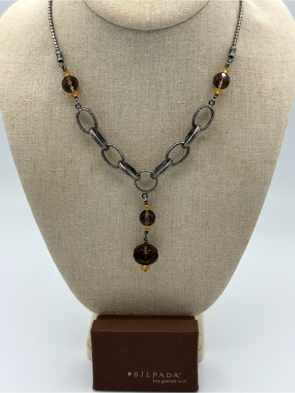 Silpada Sterling Link & Citrine Smokey Quartz Necklace N1454 Retired 17” No Box